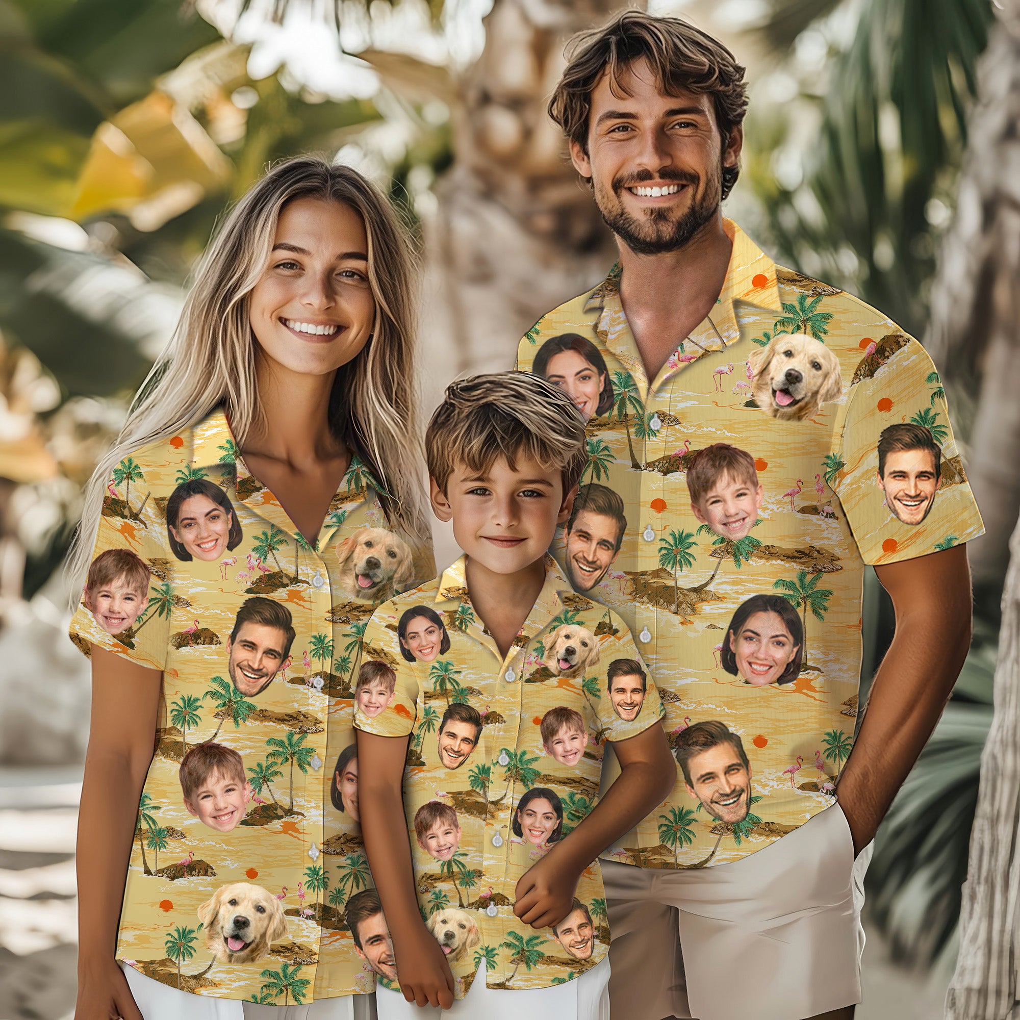 Custom Face Aloha Shirt for Men, Personalized Tropical Island Shirt with Family & Pet Faces, Beach Sunset Design, for Kids, Dads, and Husbands