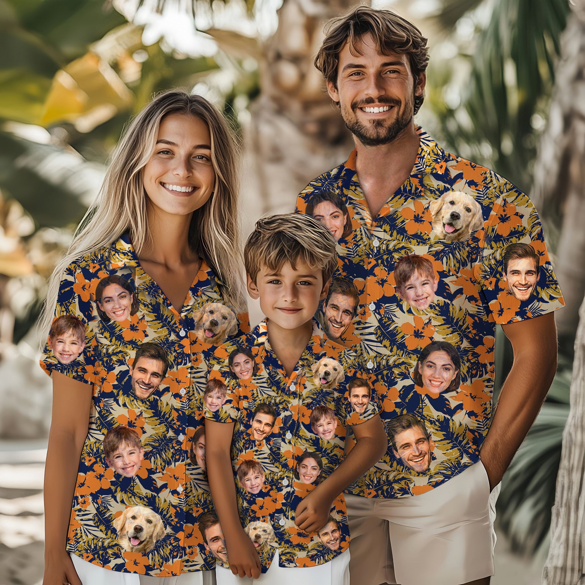 Custom Face Hawaiian Shirt, Personalized Orange Tropical Flower Shirt for Men, Funny Summer Vacation Gift, For Dads & Kids, For Father’s Day