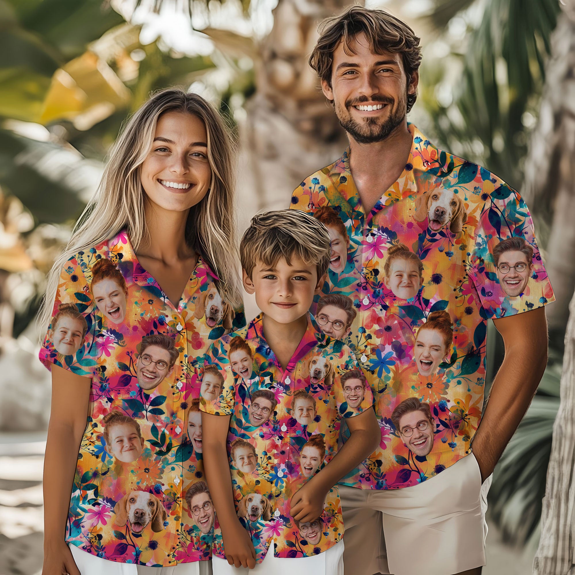 Custom Face Hawaiian Shirt, Personalized Tropical Floral Shirt with Family and Pet Faces, Funny Summer Vacation Gift for Men, for Dads, and Friends