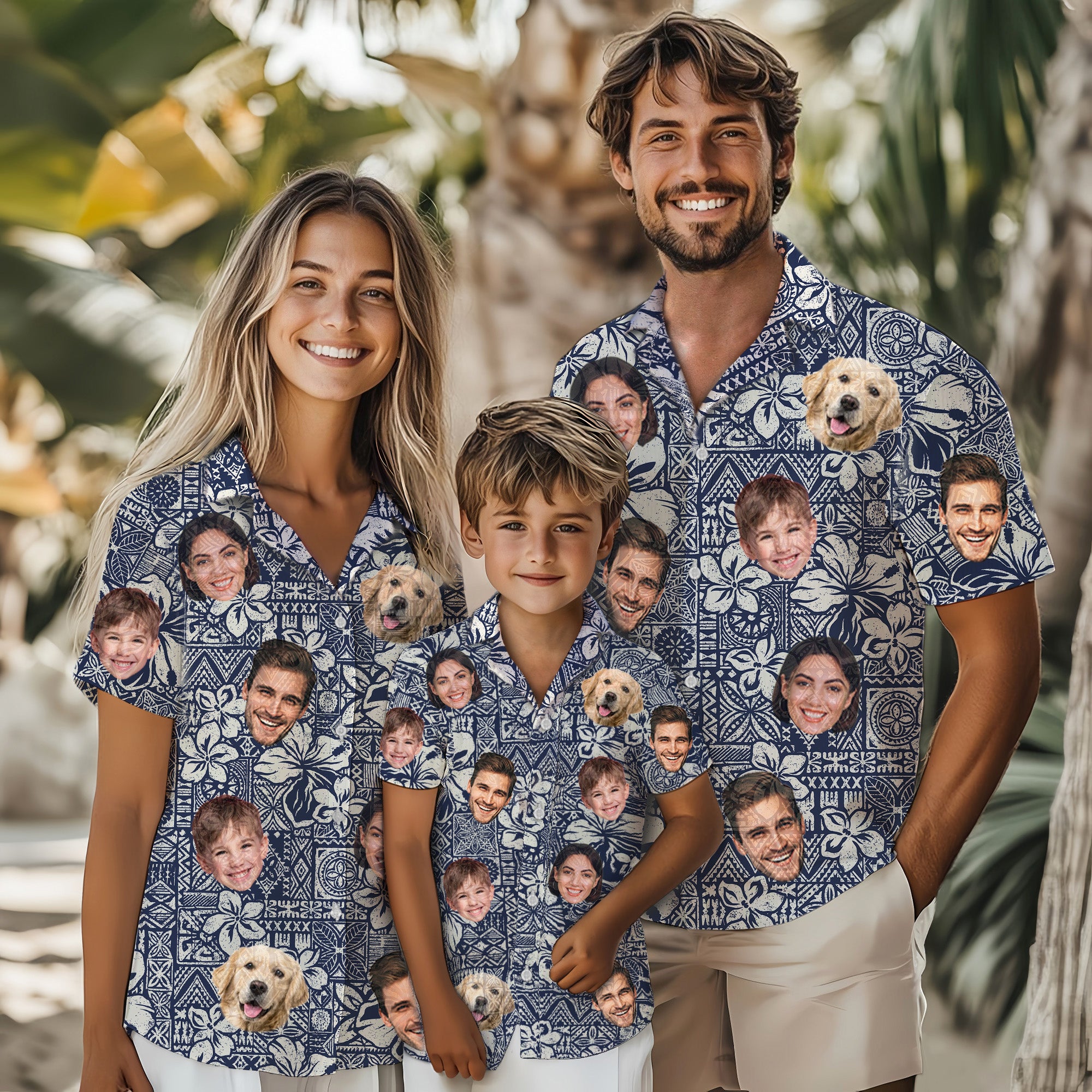 Custom Face Hawaiian Shirt for Men, Personalized Aloha Shirt with Family & Pet Faces, Blue Tribal Floral Print, Gift for Birthdays, or Vacations