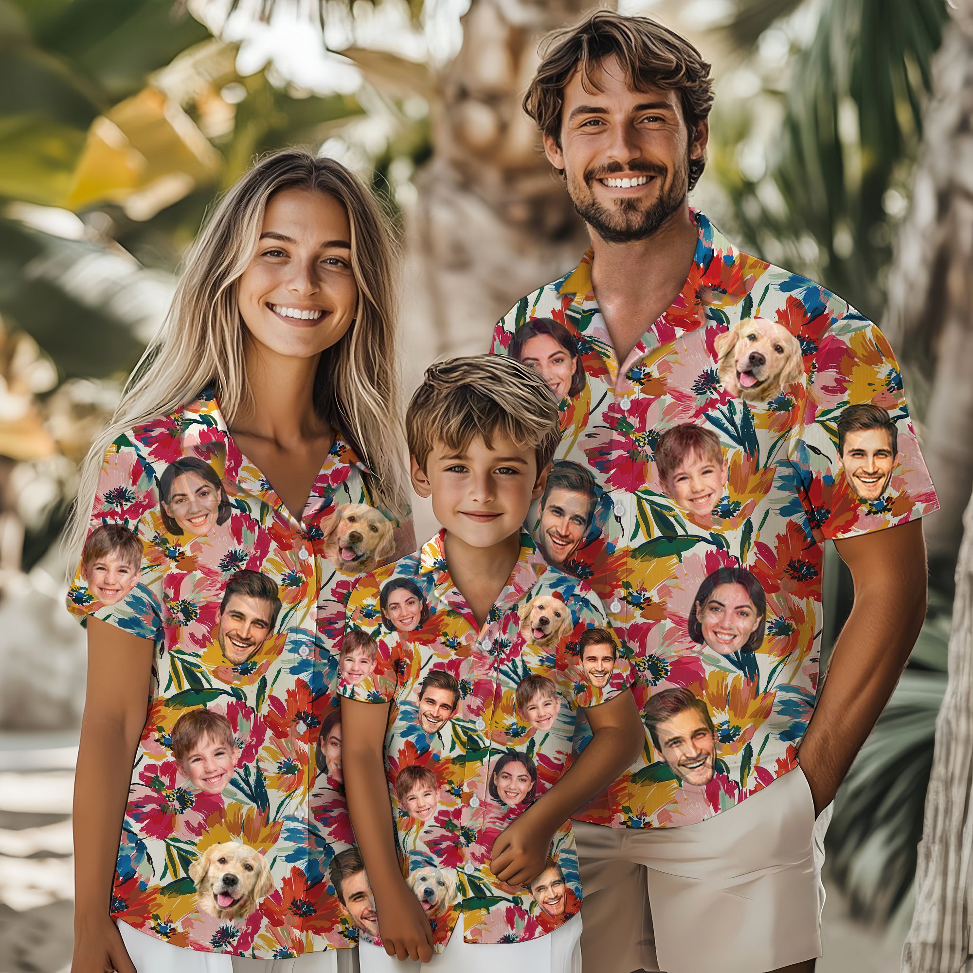 Custom Face Shirt, Personalized Colorful Floral Hawaiian Shirt for Men, Summer Vacation Gift, For Kids & Dads, Family Trips or Birthday Celebrations