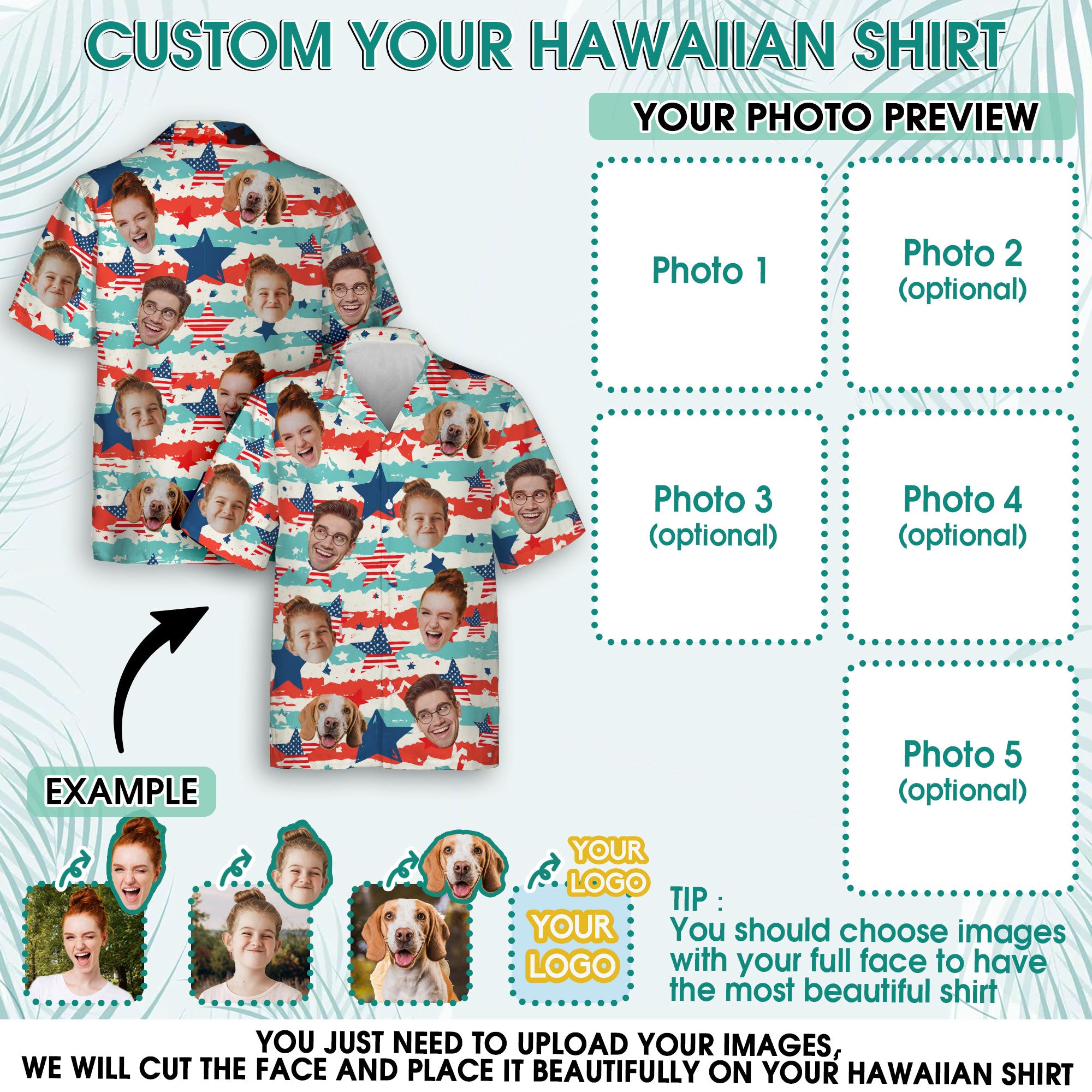 Custom Face Hawaiian Shirt, Personalized America Map Pattern Shirt for Men, Stars and Stripes Gift, Great for July 4th or Family Parties