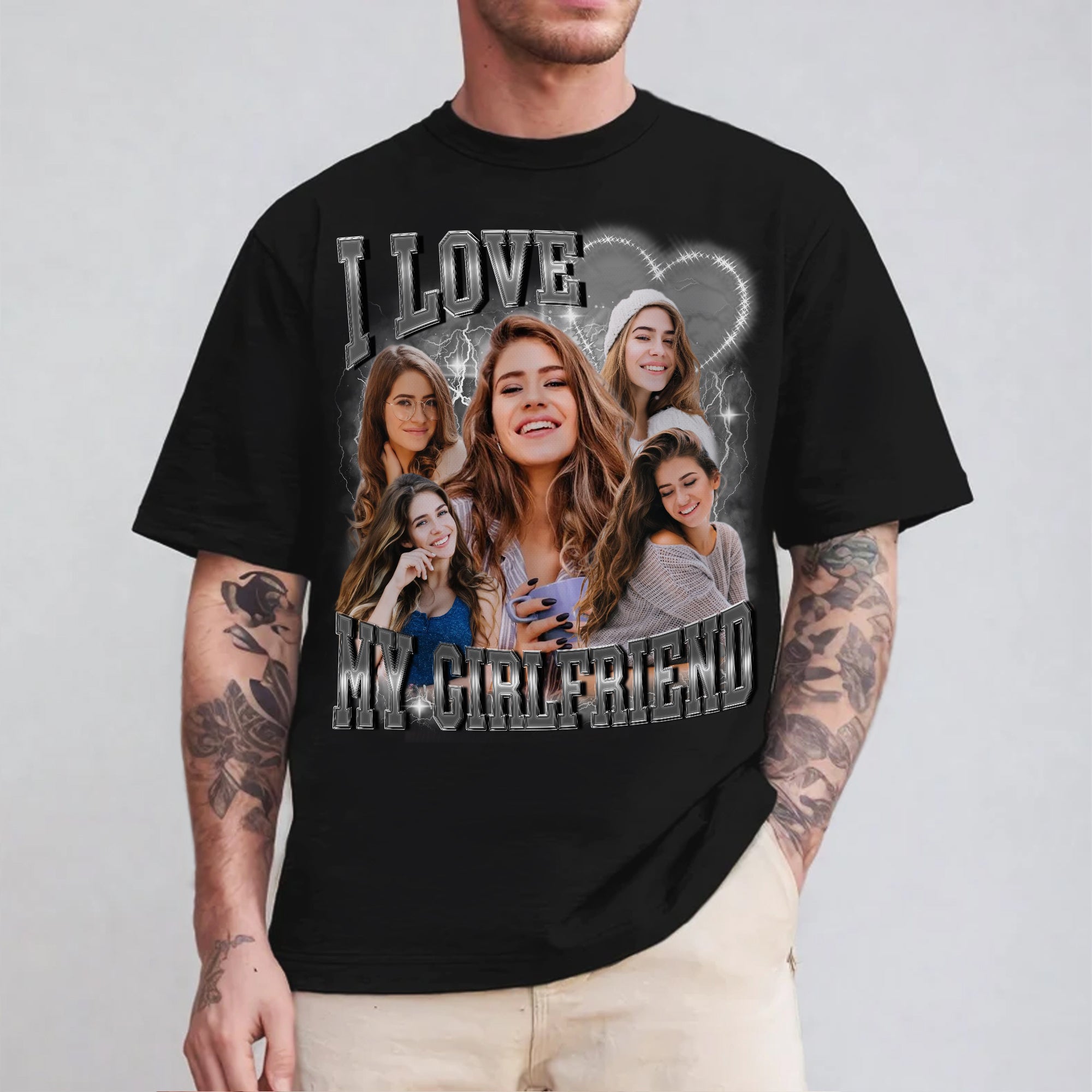 Custom Photo Collage Bootleg Tee, Your Face and Text on a Cool Graphic Shirt