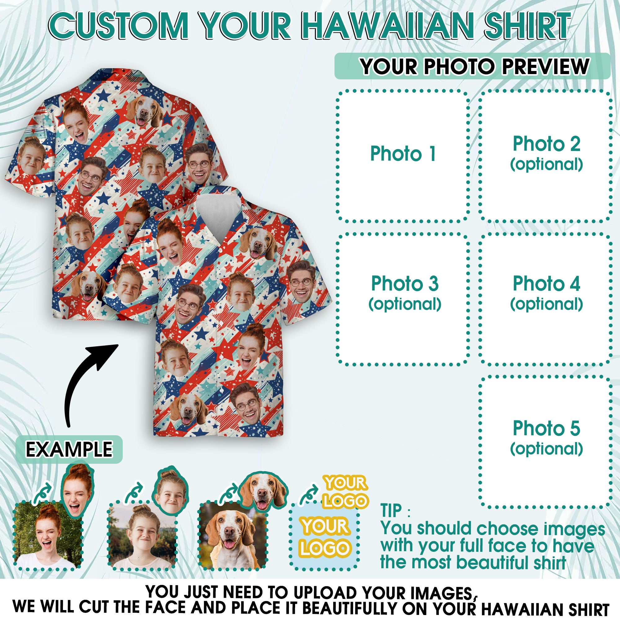Custom Face Hawaiian Shirt, Personalized USA Fireworks Shirt for Men, Red White Blue Shirt, Patriotic Gift for Him on Holiday