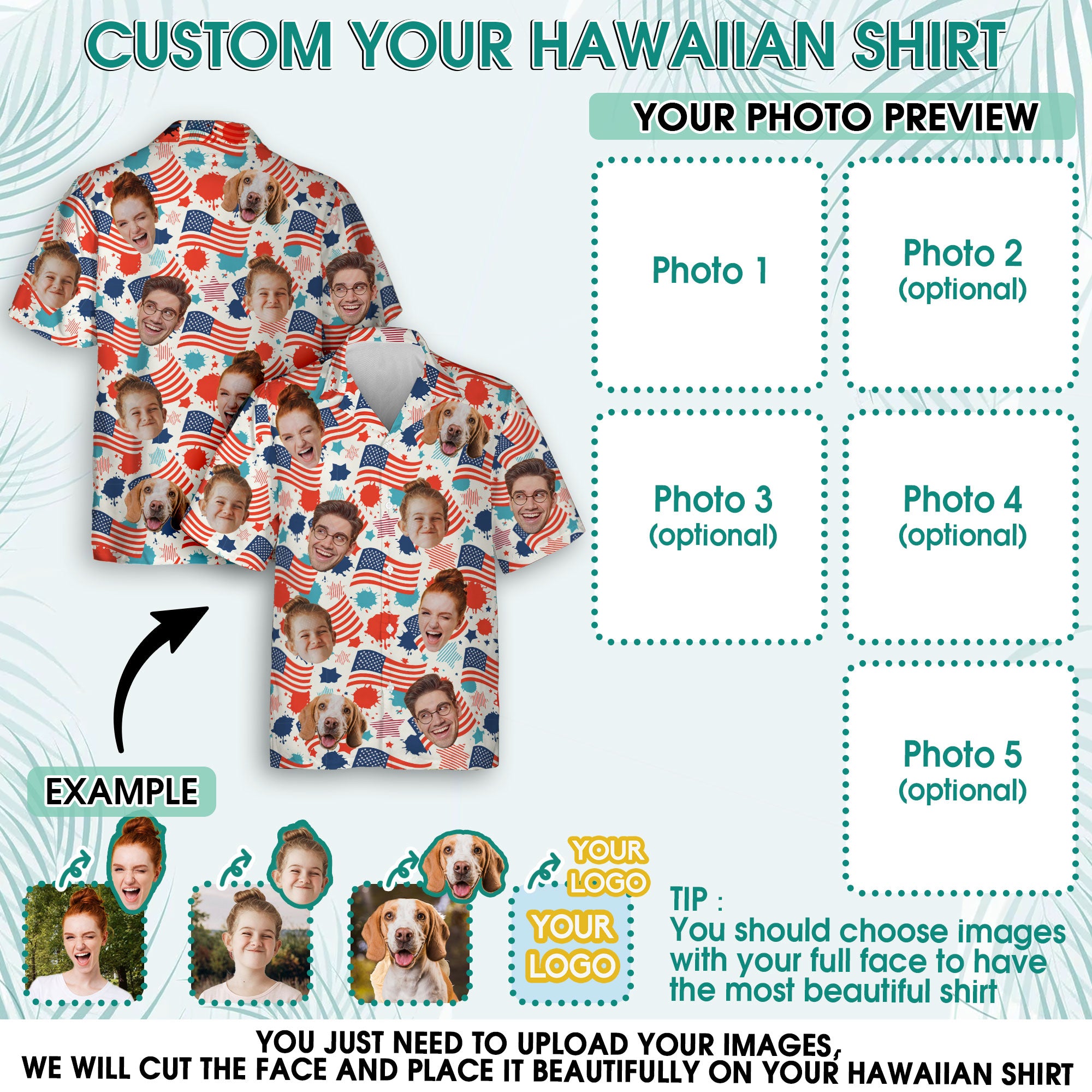 Custom Face Hawaiian Shirt, Personalized USA Flag Celebration Shirt for Men, Fun Gift for Father’s Day, Independence Day or Anniversary