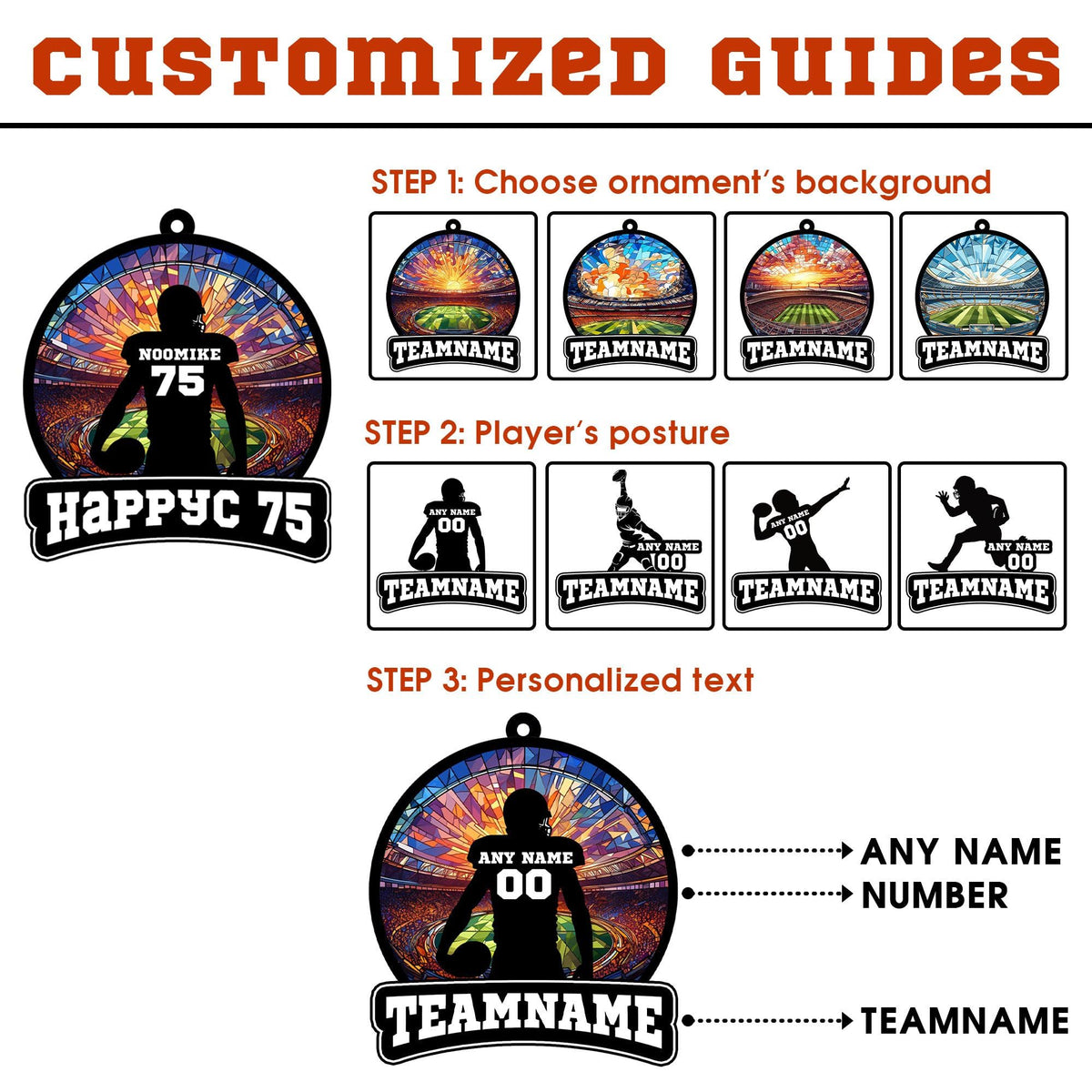 Personalized Football Suncatcher Ornament with Name, Number, Team Name D2