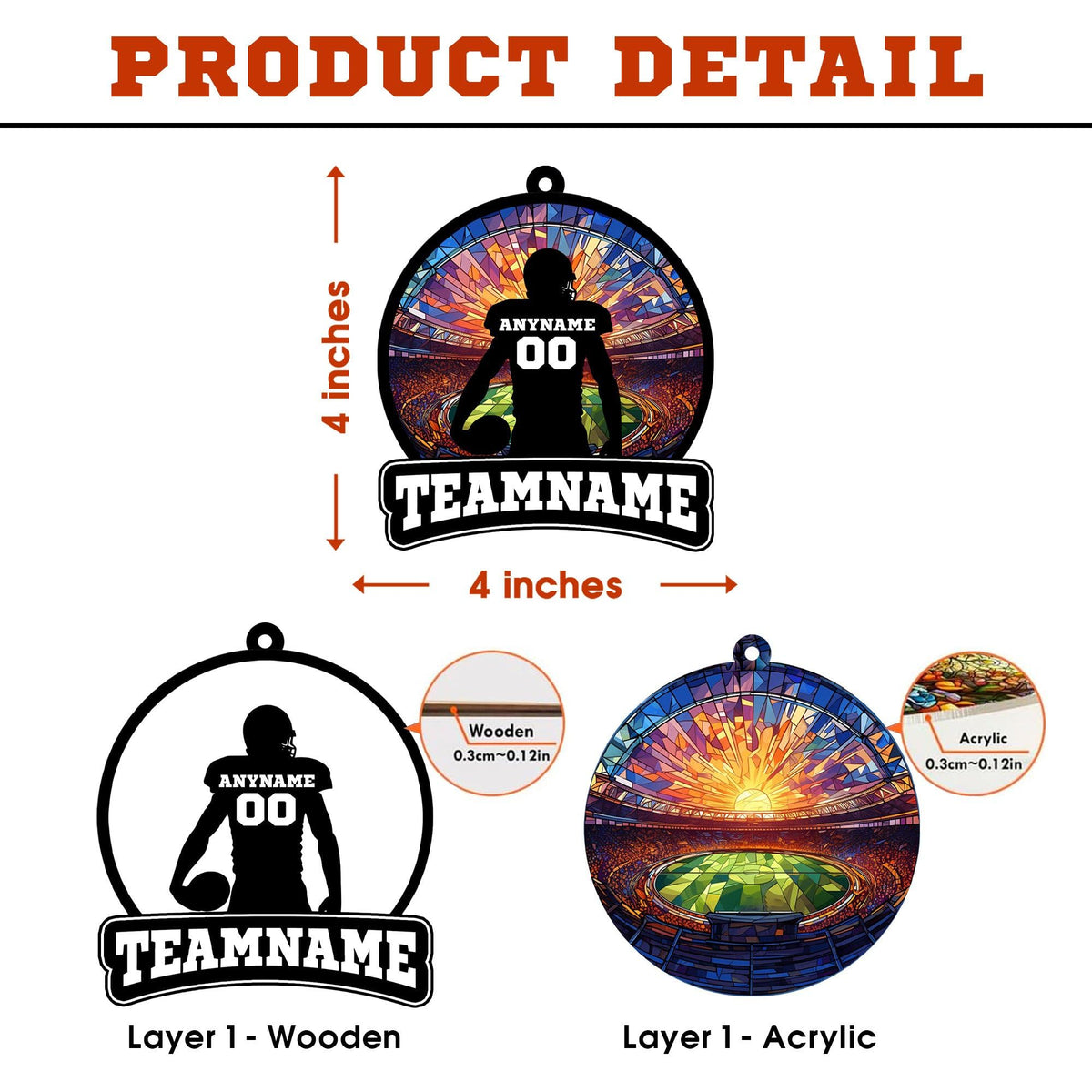 Personalized Football Suncatcher Ornament with Name, Number, Team Name D2