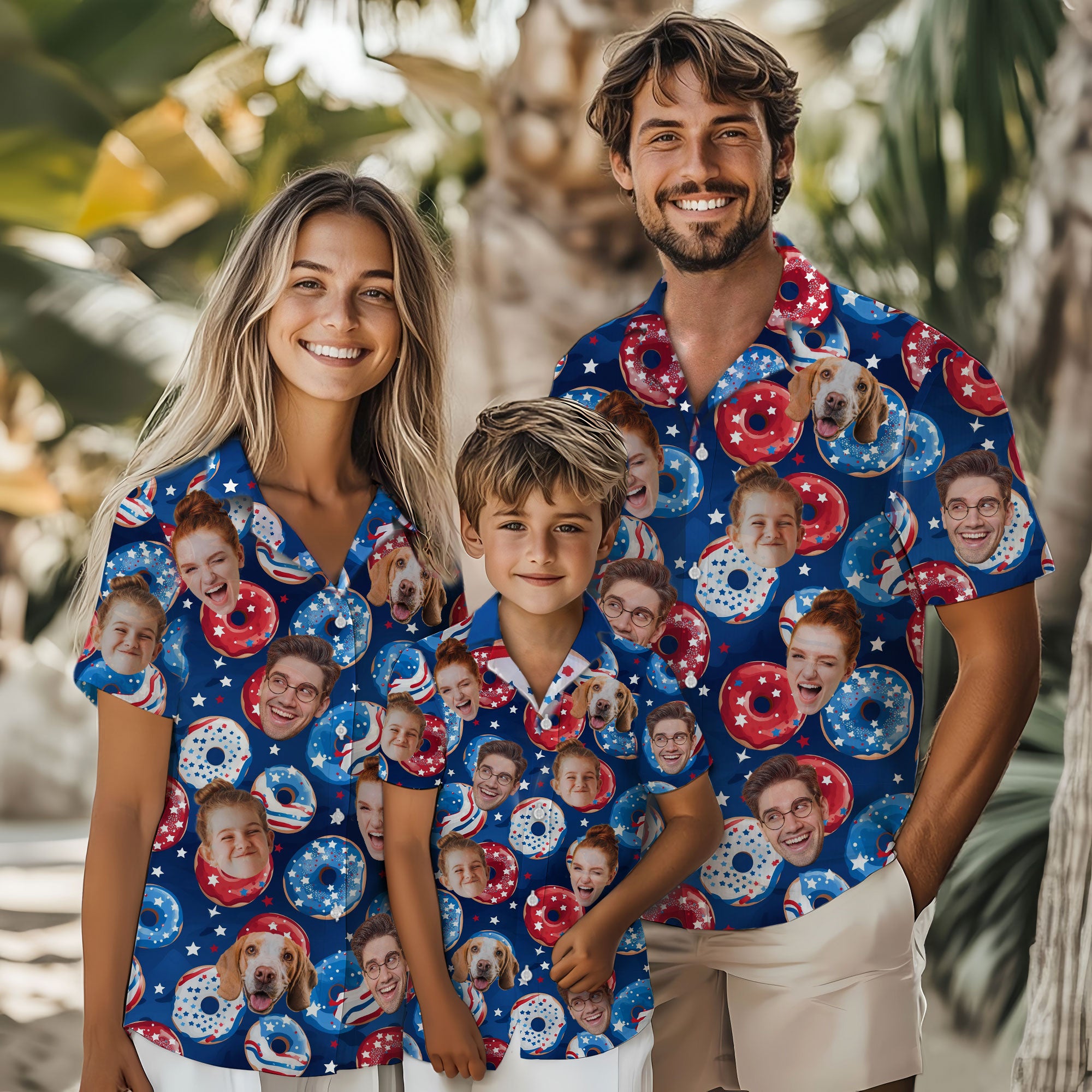 Custom Face Hawaiian Shirt, Personalized Donut and Stars Pattern Shirt for Men, Funny 4th of July Gift, Summer Shirt for Friends or Husband