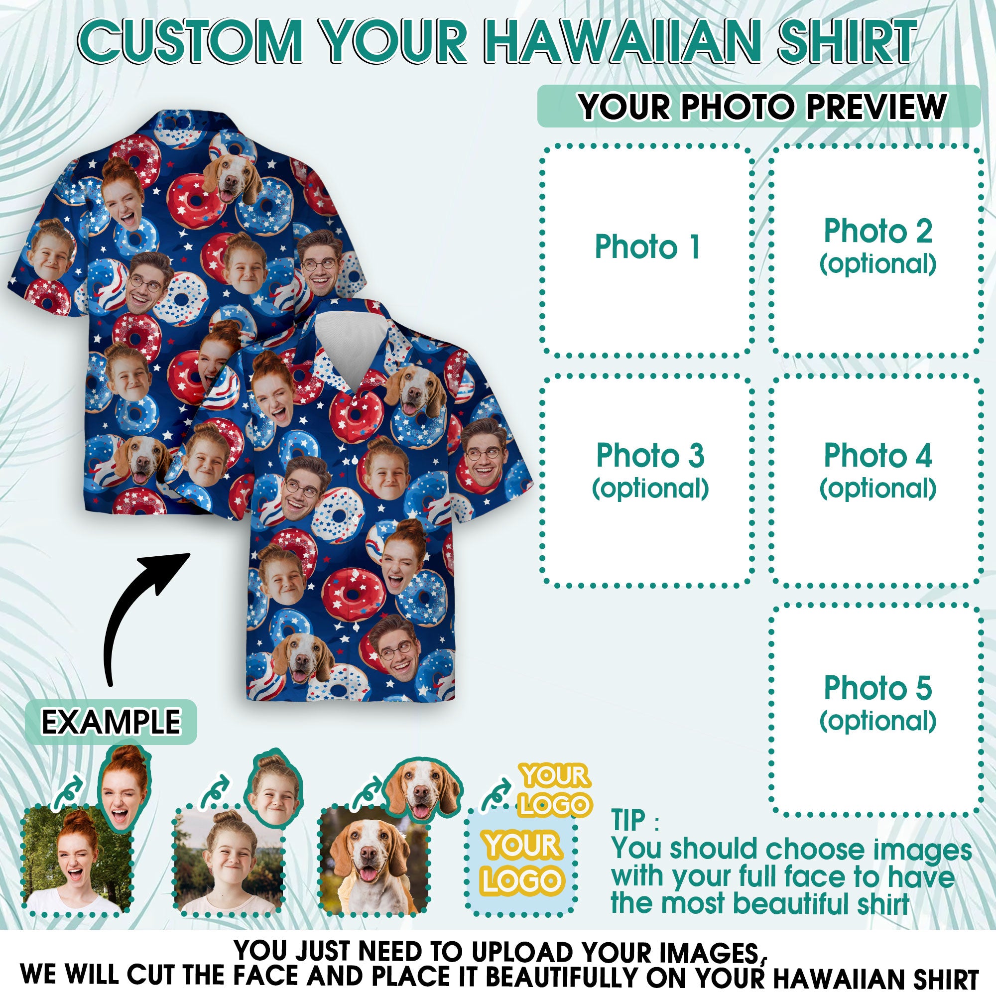 Custom Face Hawaiian Shirt, Personalized Donut and Stars Pattern Shirt for Men, Funny 4th of July Gift, Summer Shirt for Friends or Husband